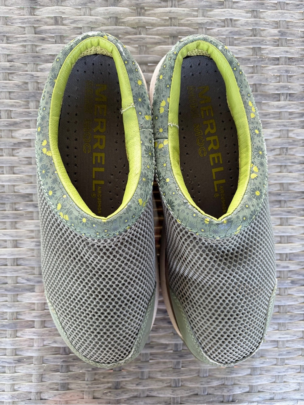 Merrell Olive Green Slip-On Mesh Sneakers with Lime Floral Accents Size 5.5